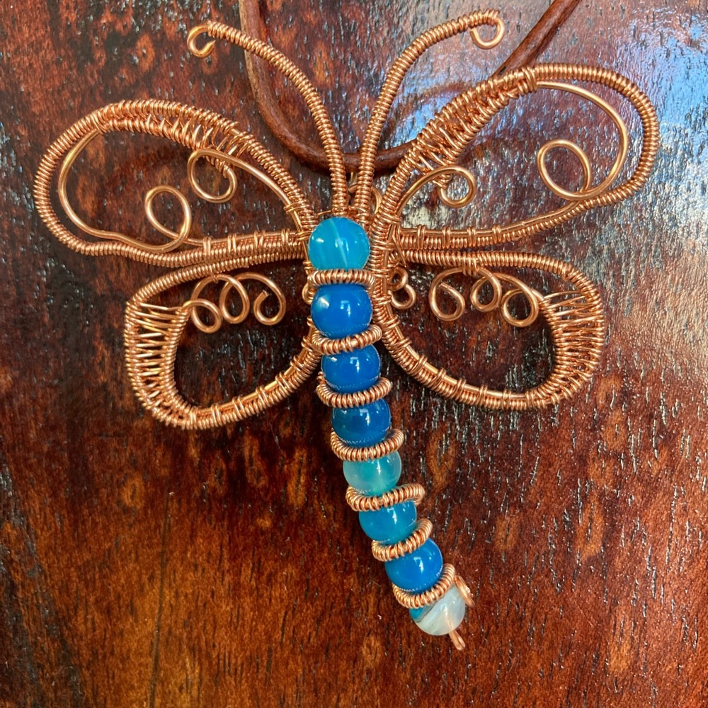 Copper dragonfly pendant with banded agate stones